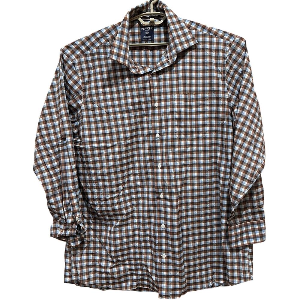 Proper Sport Plaid Button Up Shirt Men 2XT Brown Blue White Wrinkle Resistant